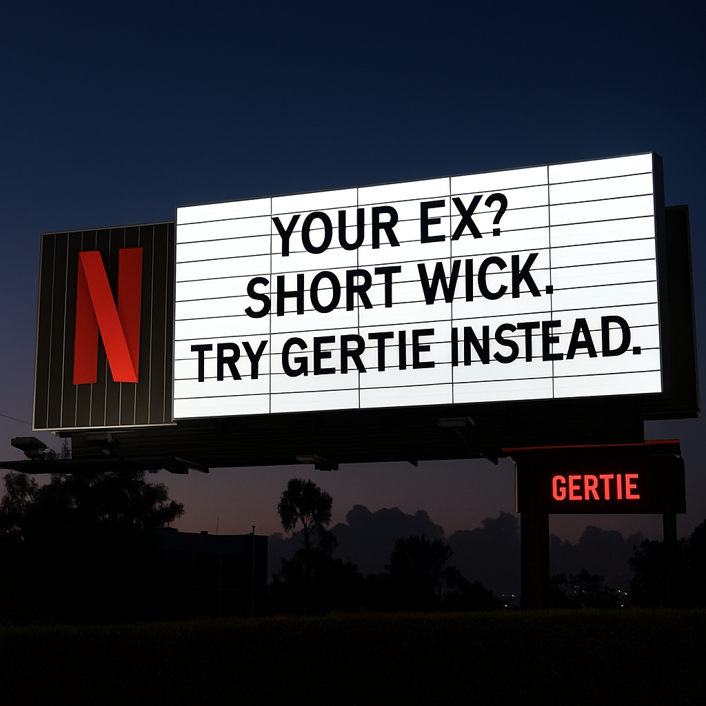 Netflix billboard displaying humorous text: "Your ex? Short Wick. Try Gertie instead," promoting alternative entertainment options.
